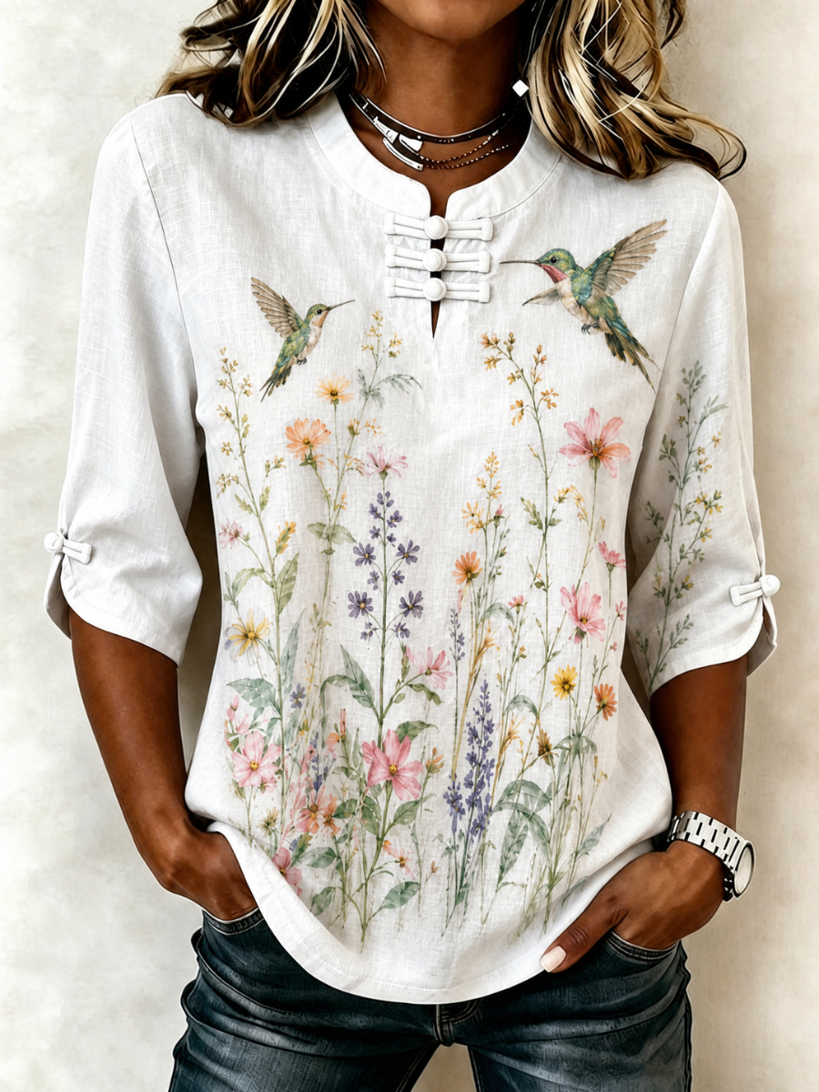 Women's Hummingbird Print Casual Cotton-Linen Shirt