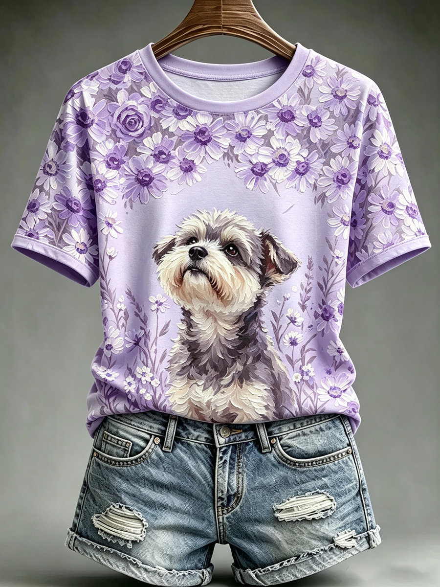 Women's Oil Painting Animal Dog Printed Vintage Fashion Loose Short Sleeve T-Shirt