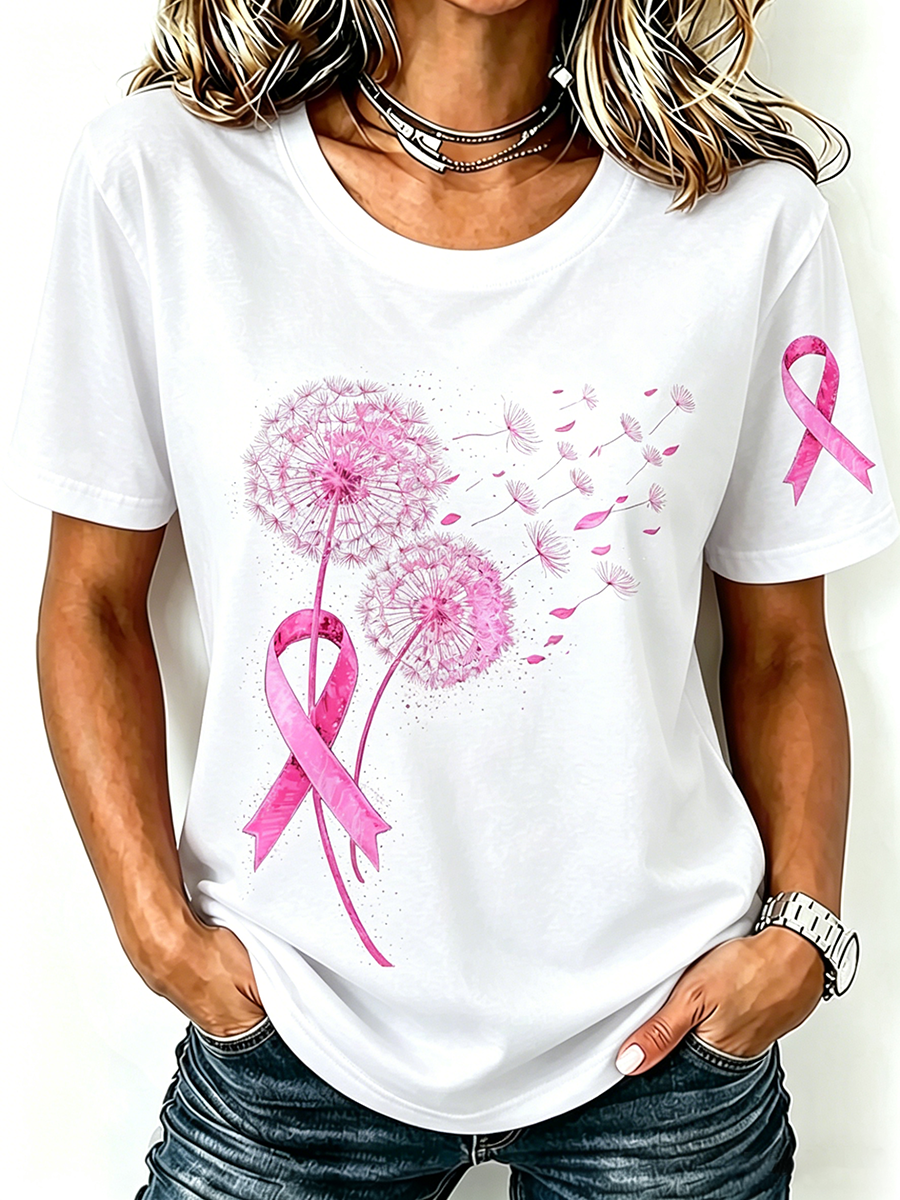 Pink Series Disease Health Awareness Public Welfare Printed Round Neck T-Shirt