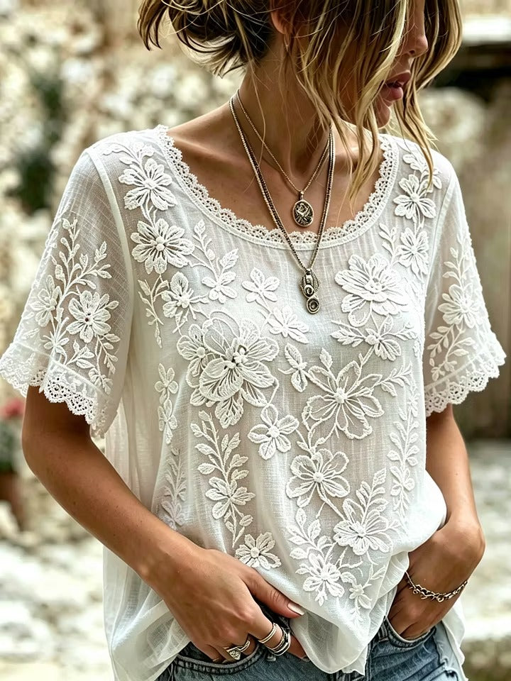 Women's Retro Bohemian Style Floral Embroidery Print Lace Short-sleeve Top