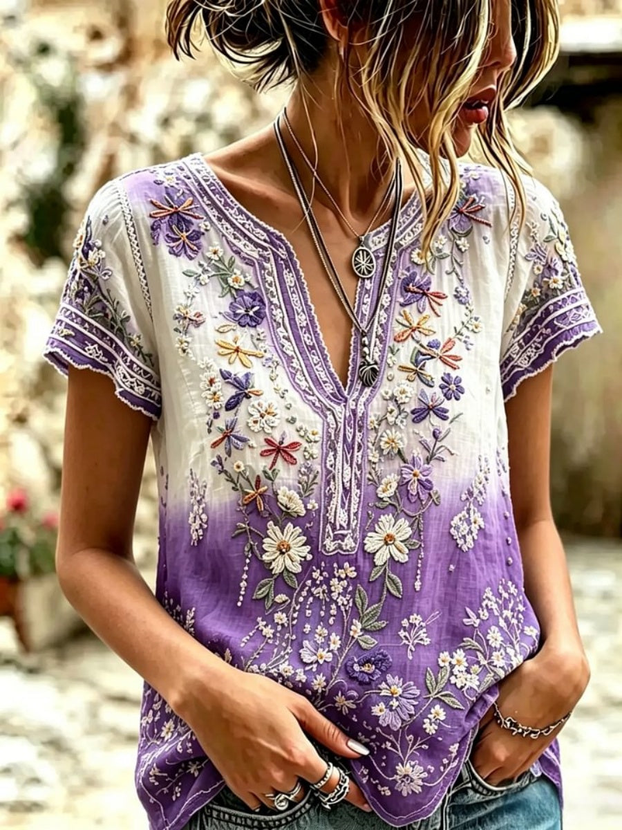 Women's Vintage Floral Textured Art Print Short-Sleeve Top