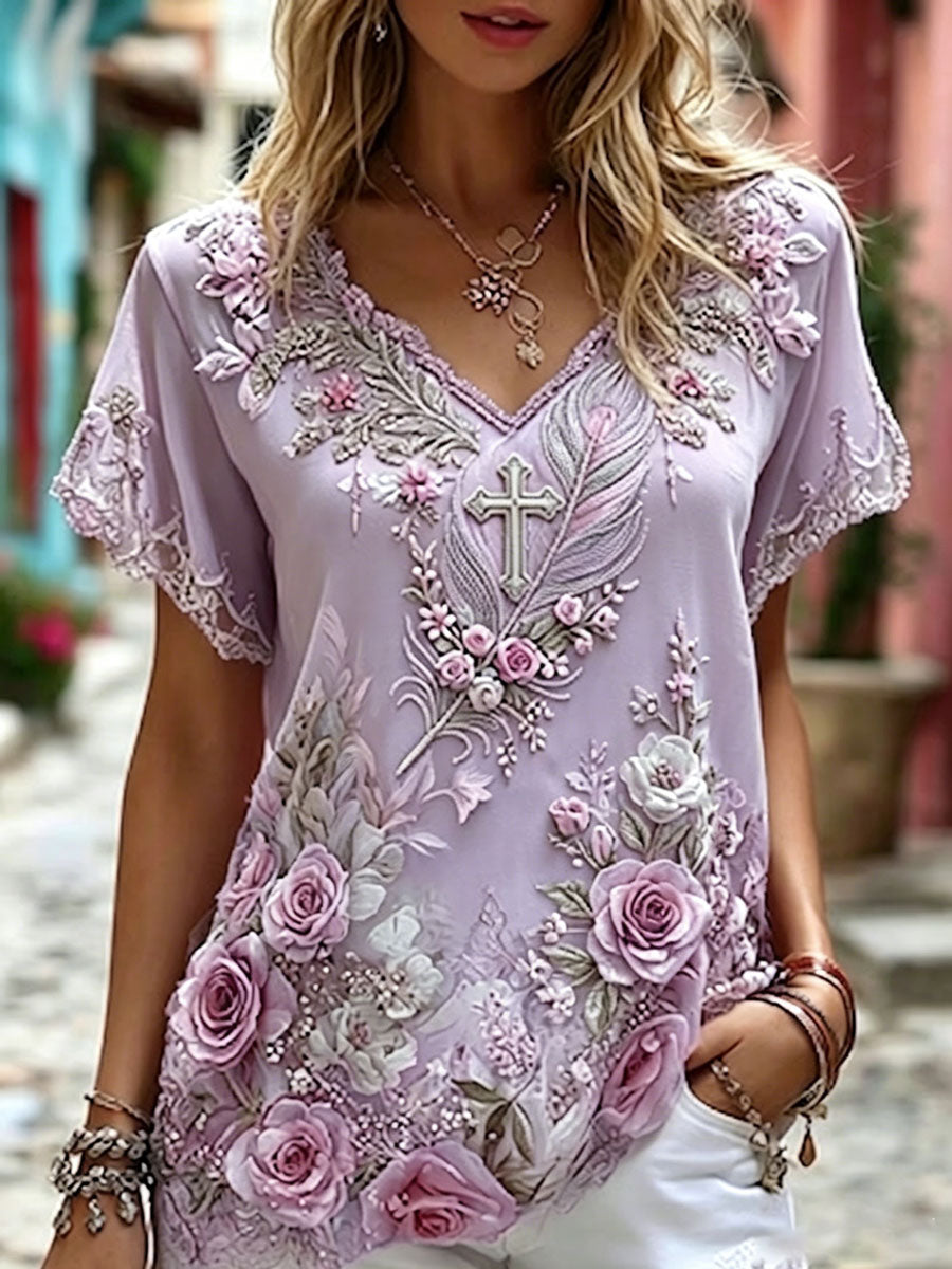 Women's  Cross, Floral Cotton Linen Top