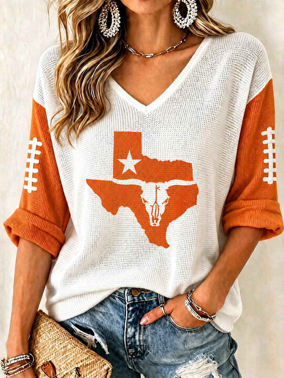 Women'S College Rugby Printed Waffle V-Neck Top