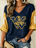 Women'S Football Print Waffle V-Neck Top
