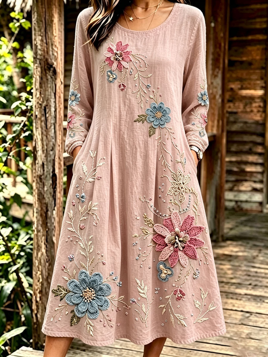 Women'S Round Retro Floral Cotton Linen Long Sleeved Dress