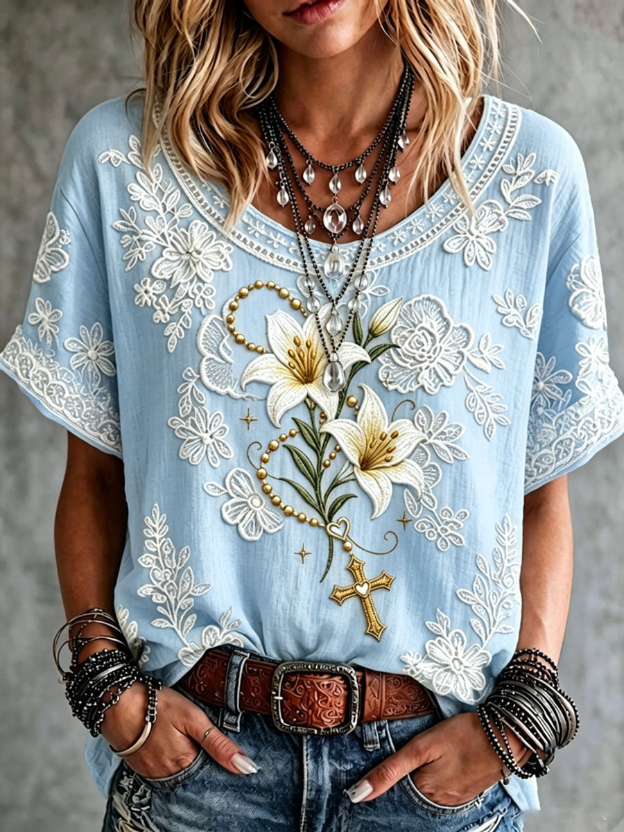 Women's Vintage Lily Flower Cross Art Print Short-sleeved T-shirt