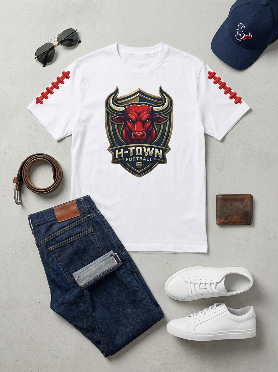 Men's Houston Football Fan Bull Shield Printed T-shirt