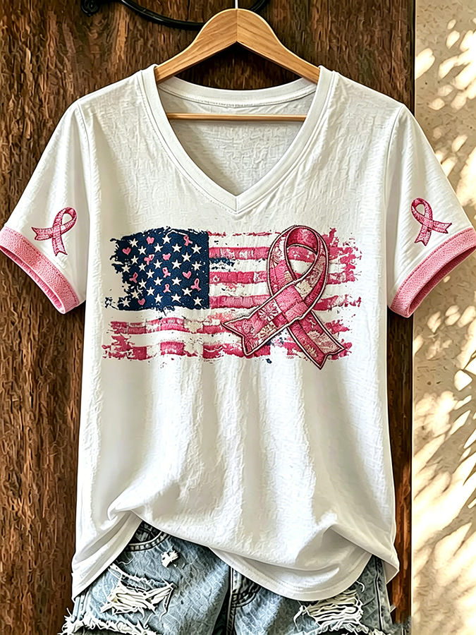 Women'S American Flag Pink Ribbon Embroidered Casual T-Shirt