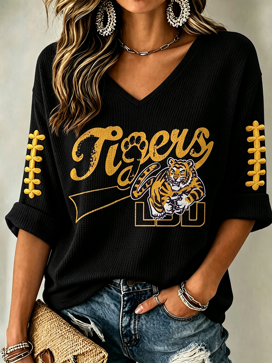 Women'S Rugby Patterned Waffle V-Neck Top