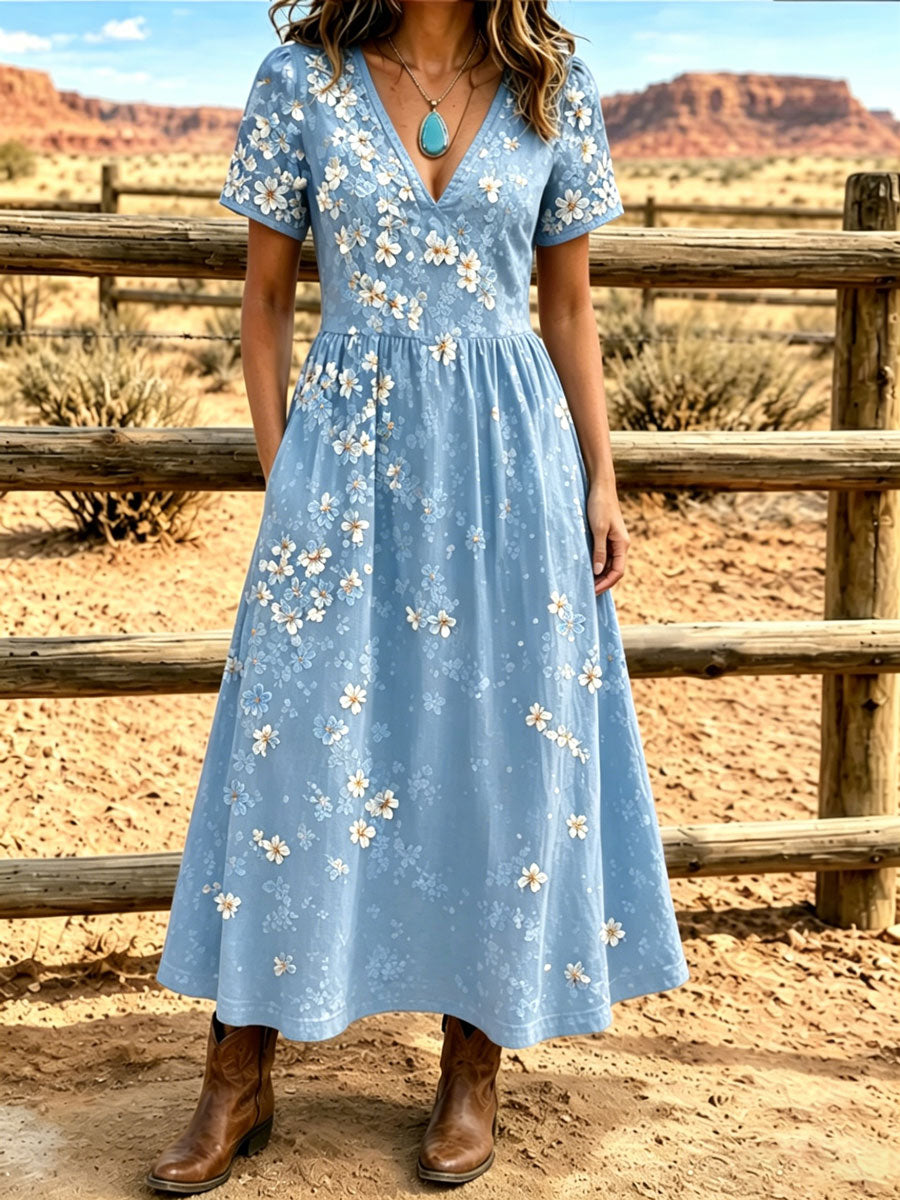 Women'S Western Style V-Neck Short Sleeved Floral Pattern Dress