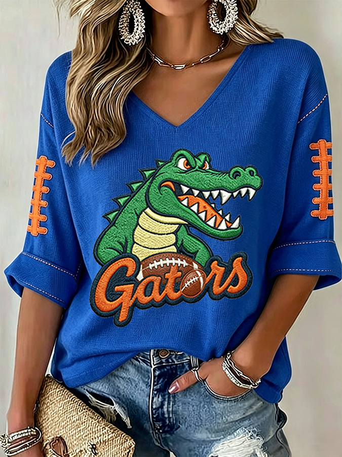 Women'S Rugby Patterned Waffle V-Neck Top