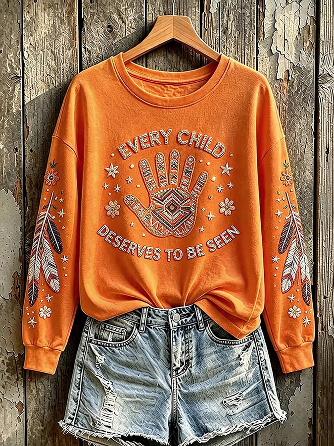 Women'S Orange Shirt With Sun Print Sweatshirt