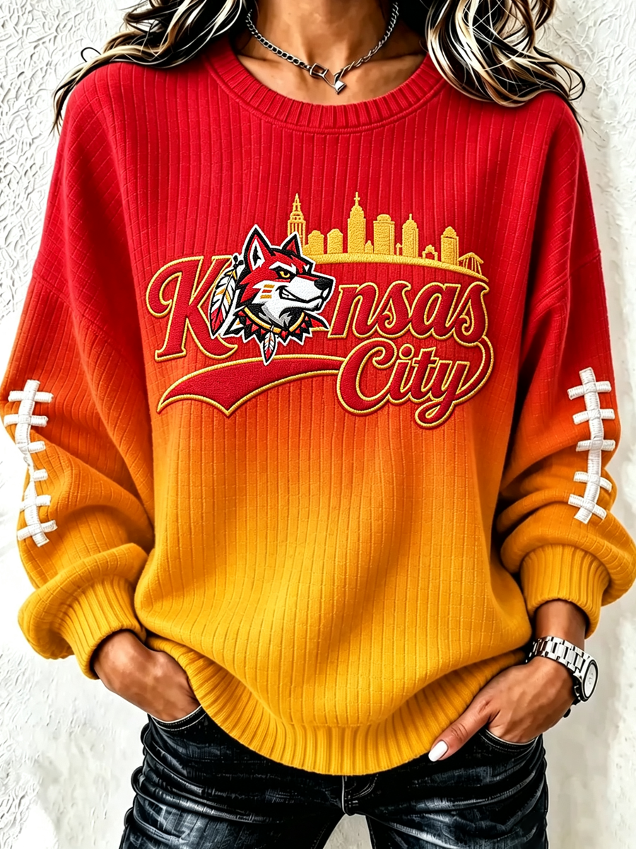Women'S Football Print Waffle Long Sleeved Round Neck Sweatshirt