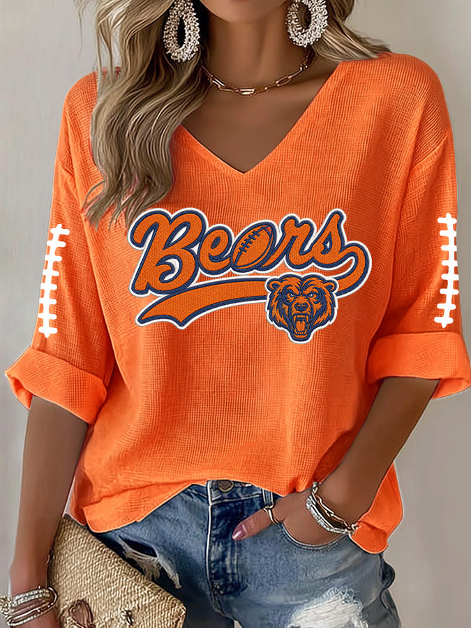 Women'S Rugby Printed Waffle Long Sleeve T-Shirt
