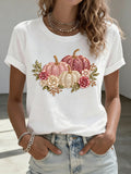 Ladies' Pink Pumpkin Printed Casual T-Shirt