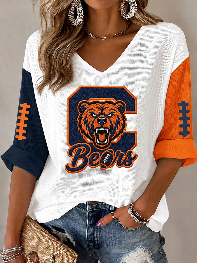 Women'S Rugby Printed Waffle Long Sleeve T-Shirt