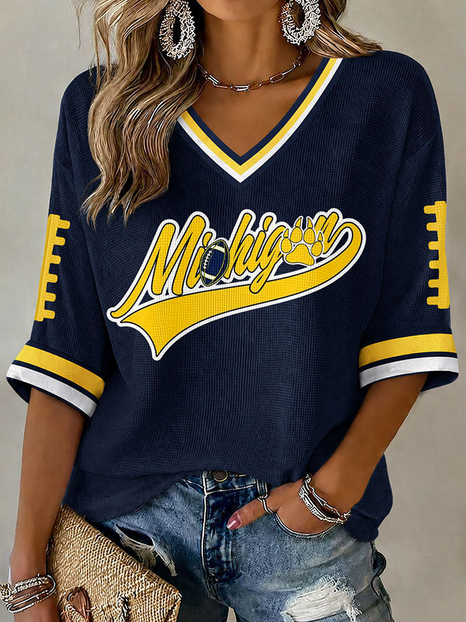 Women's Football Printed Waffle V-Neck Top