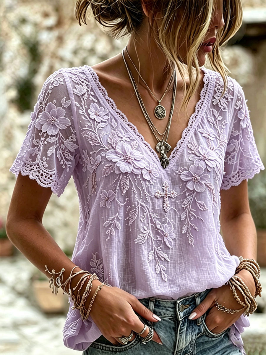 Women'S Cotton And Linen Floral Faith Casual Top