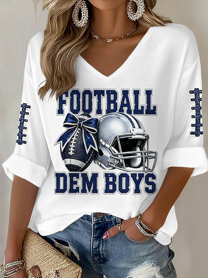 Women'S Rugby Patterned Waffle V-Neck Top