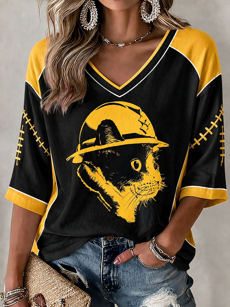 Women's American football V-Neck Three-quarter sleeve T-shirt