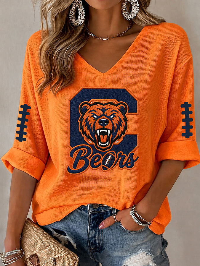 Women'S Rugby Printed Waffle Long Sleeve T-Shirt