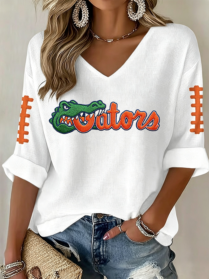 Women'S Rugby Patterned Waffle V-Neck Top