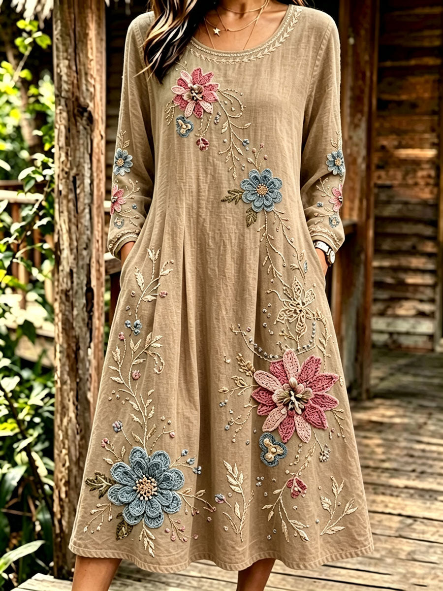 Women'S Round Retro Floral Cotton Linen Long Sleeved Dress