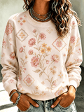 Women's Retro Watercolor Floral Print Crew Neck Loose Sweatshirt