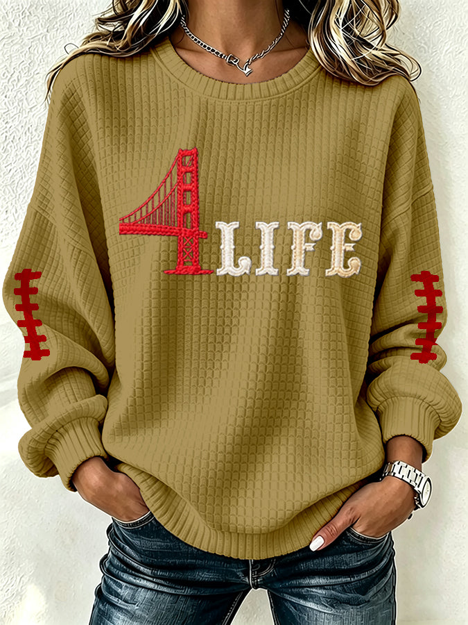 Women'S Football Print Waffle Long Sleeved Round Neck Sweatshirt