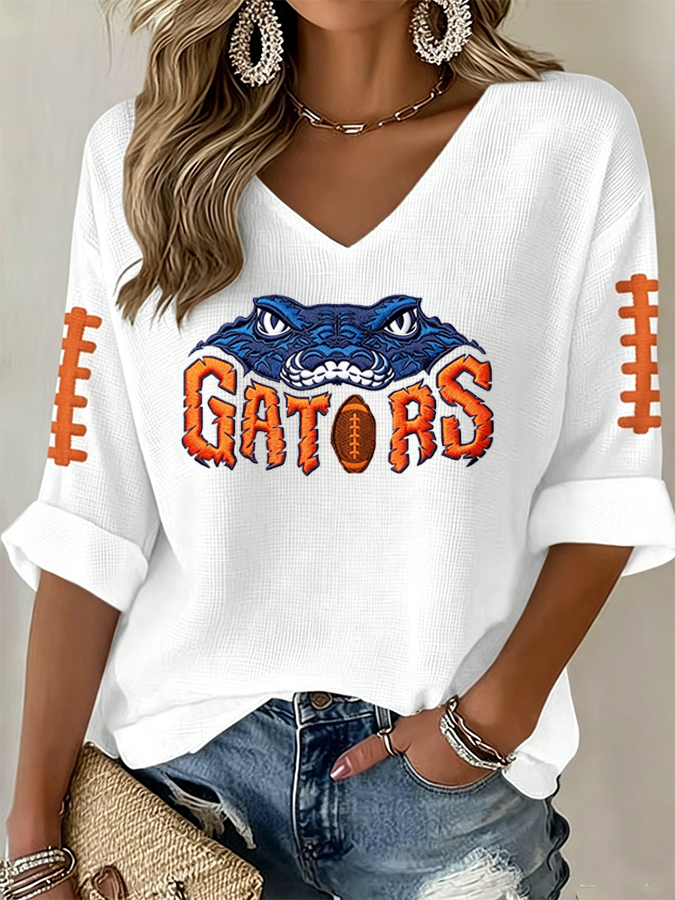Women'S Rugby Patterned Waffle V-Neck Top