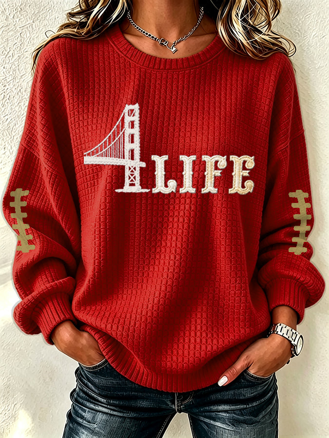 Women'S Football Print Waffle Long Sleeved Round Neck Sweatshirt