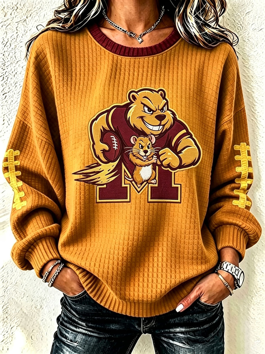Women'S Football Fan Waffle Long Sleeved Round Neck Sweatshirt