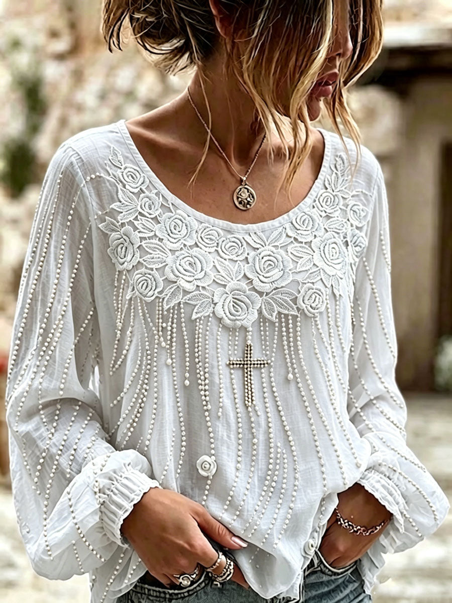 Women'S Casual Floral Cotton Linen Long Sleeved Shirt