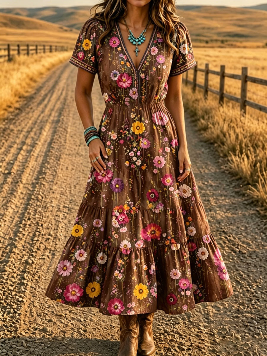 Women'S Western Style V-Neck Short Sleeved Floral Pattern Dress