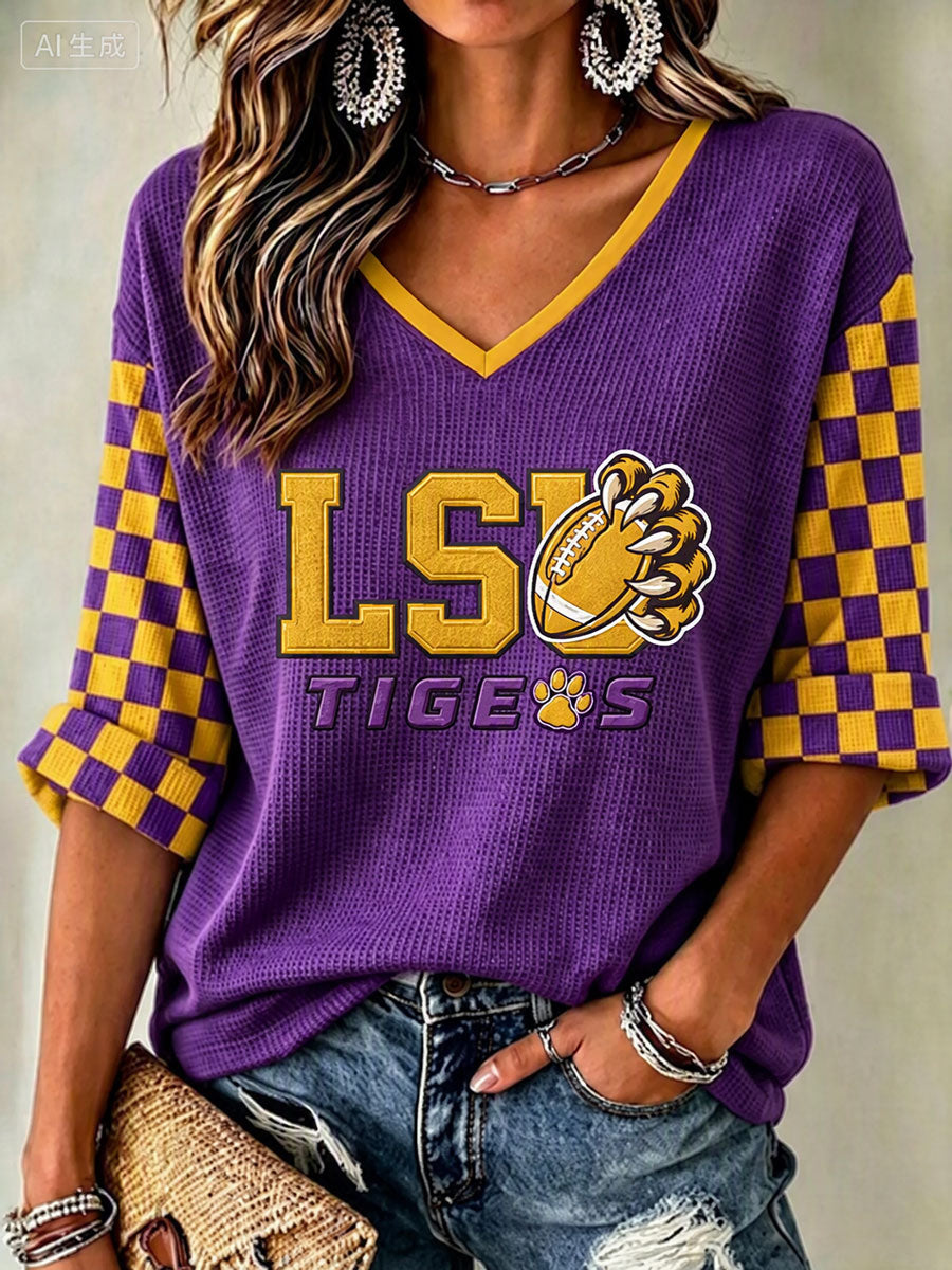 Women'S Rugby Patterned Waffle V-Neck Top