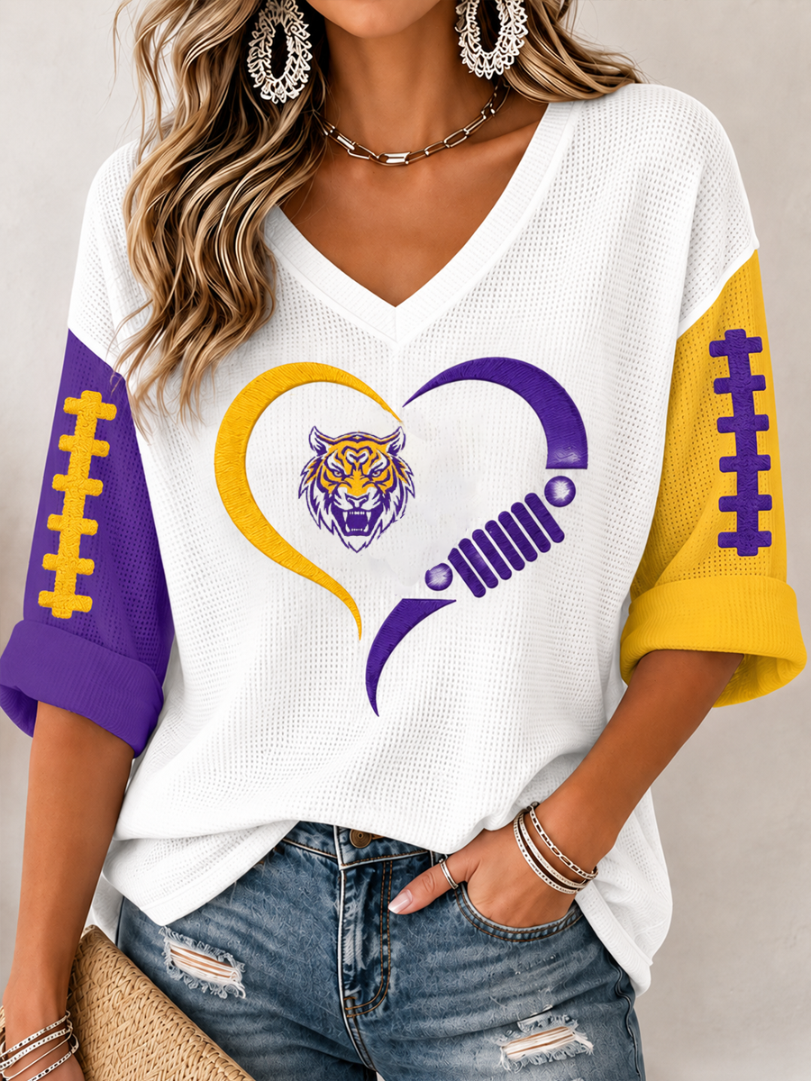 Women's Rugby Patterned Waffle V-Neck Top