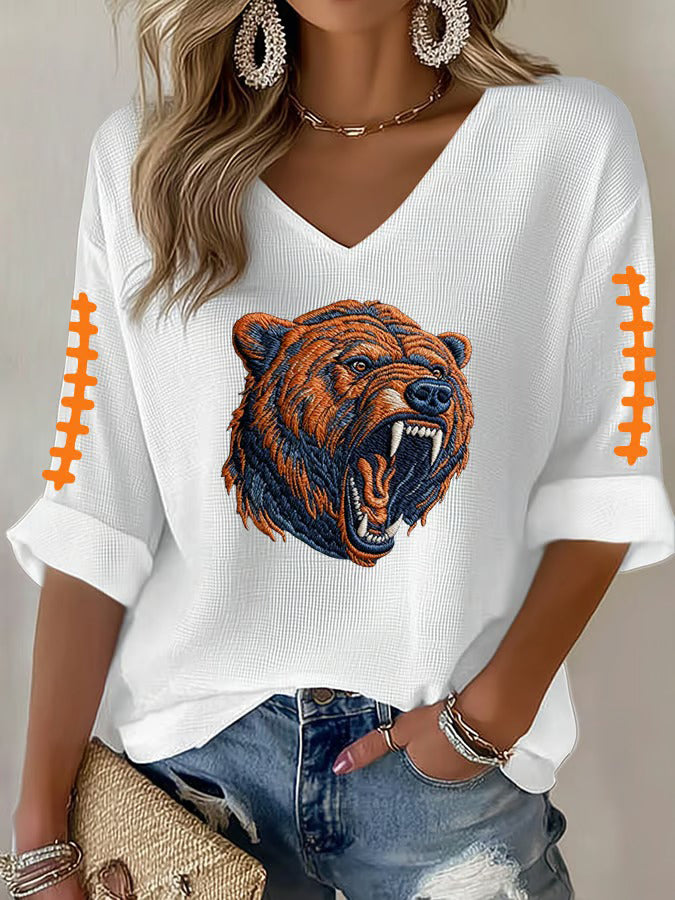 Women'S Rugby Printed Waffle Long Sleeve T-Shirt