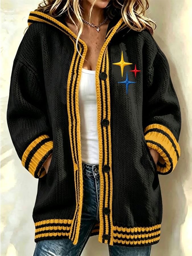 Women'S Football Printed Casual Knitted Hooded Cardigan