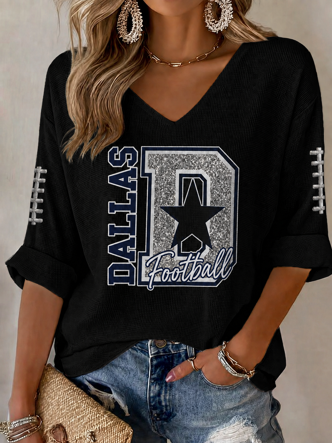 Women'S Football Printed Mid Sleeve V-Neck T-Shirt