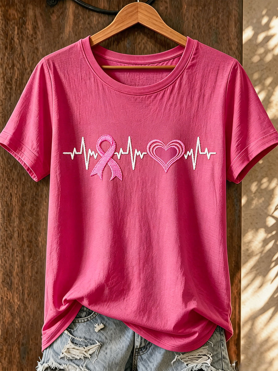 Women's Simple Pink Ribbon Love Embroidered T-Shirt