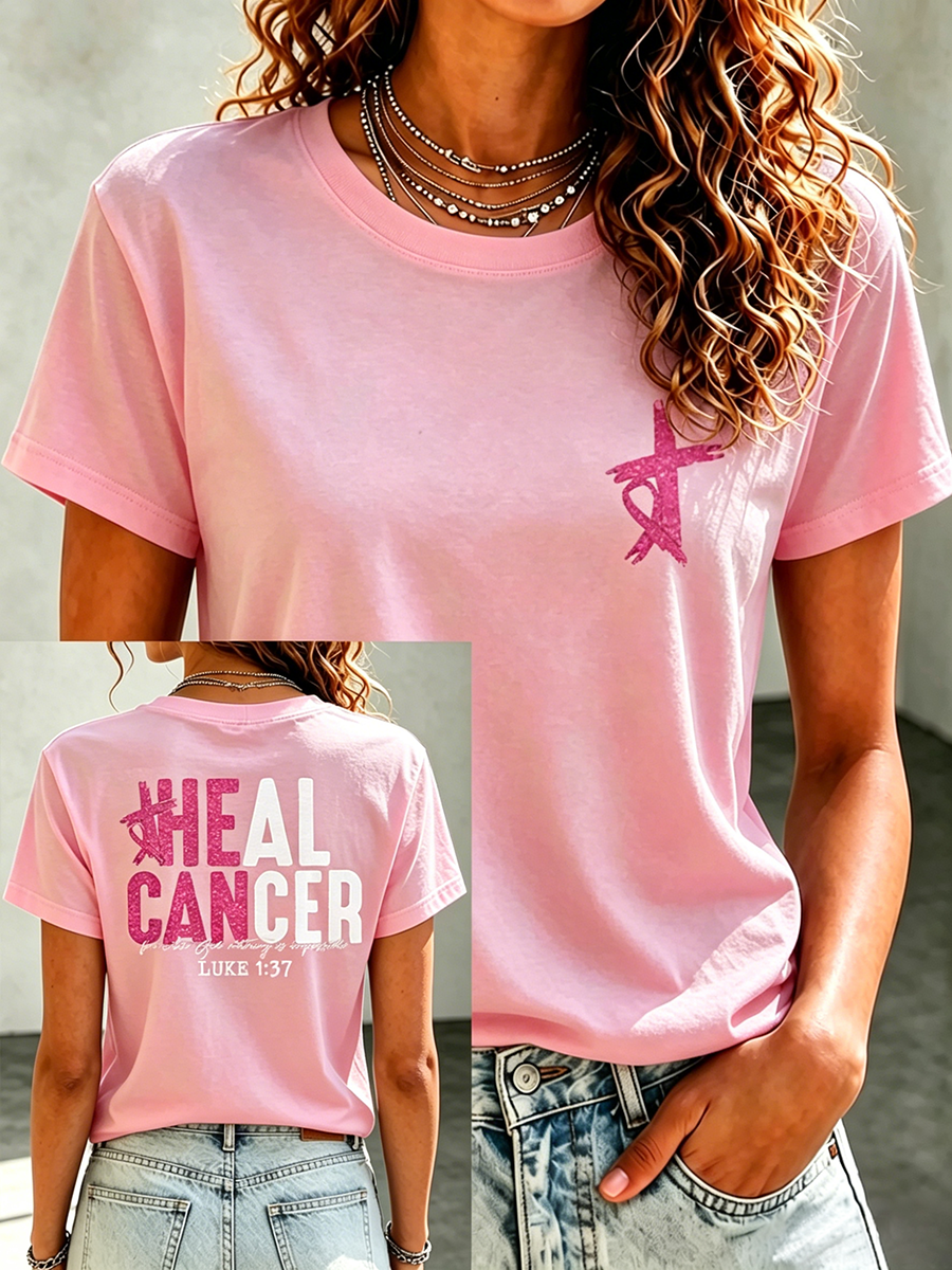 Pink Series Disease Health Awareness Public Welfare Printed Round Neck T-Shirt