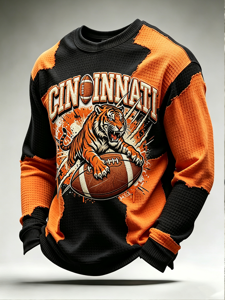 Men's Football Print Men's Waffle Crewneck Sweatshirt