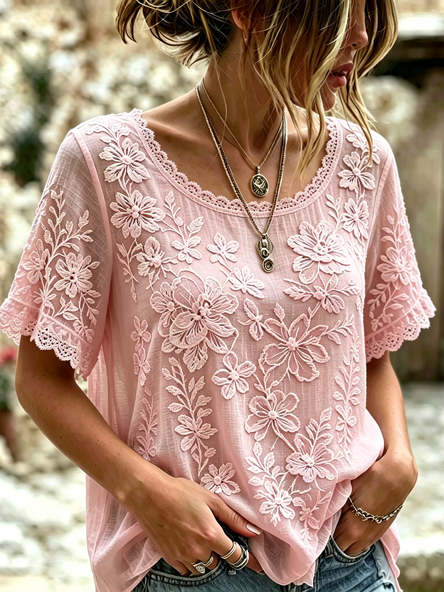 Women's Retro Bohemian Style Floral Embroidery Print Lace Short-sleeve Top