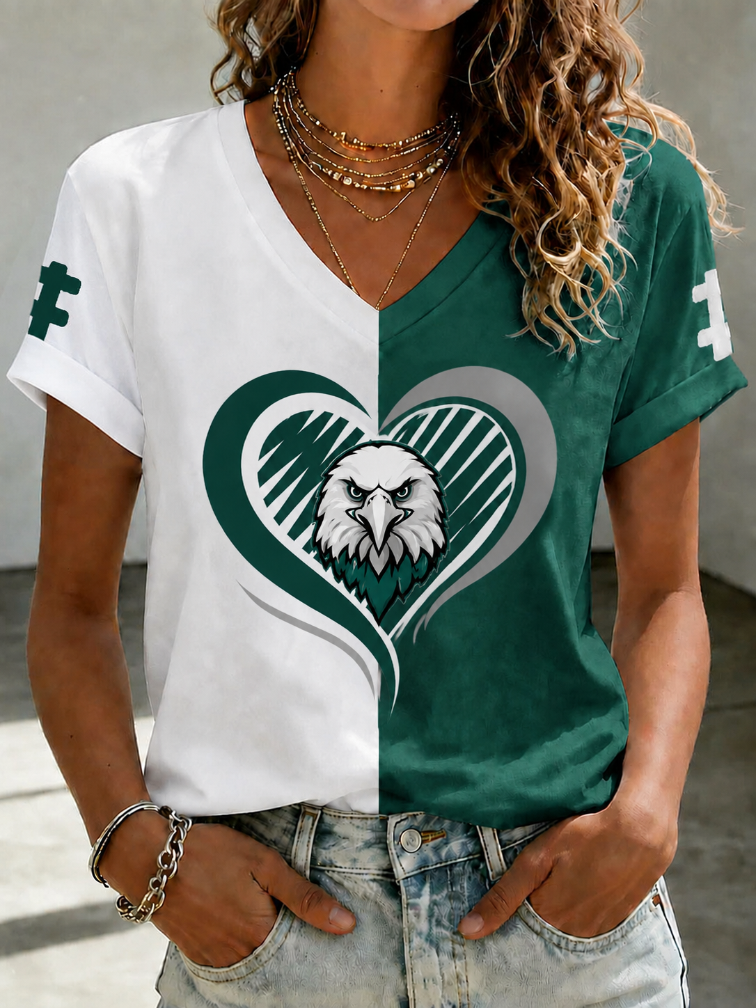 Women'S American Football Printed V-Neck Top