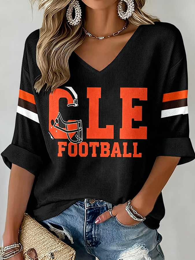 Women'S Rugby Patterned Waffle V-Neck Top
