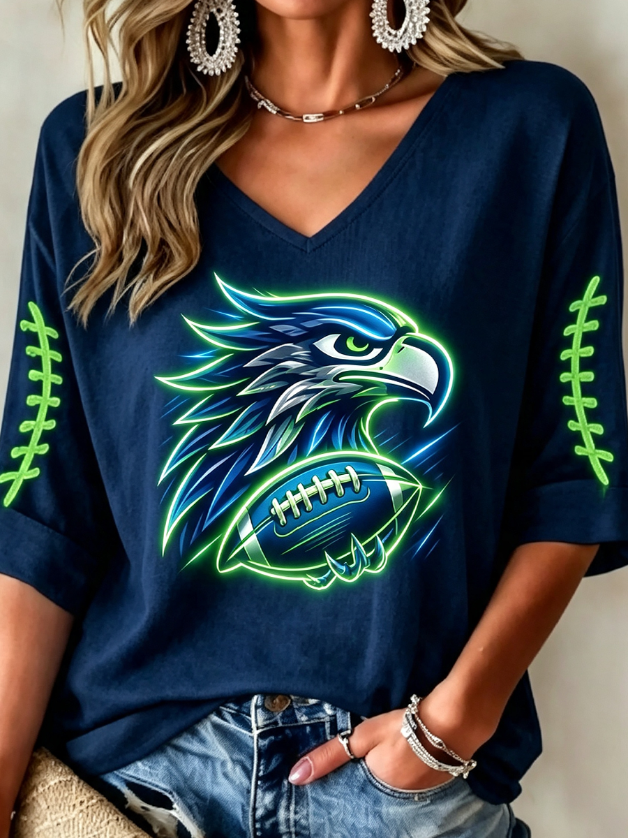 Women'S Football Fans Printed V-Neck Short Sleeved Top