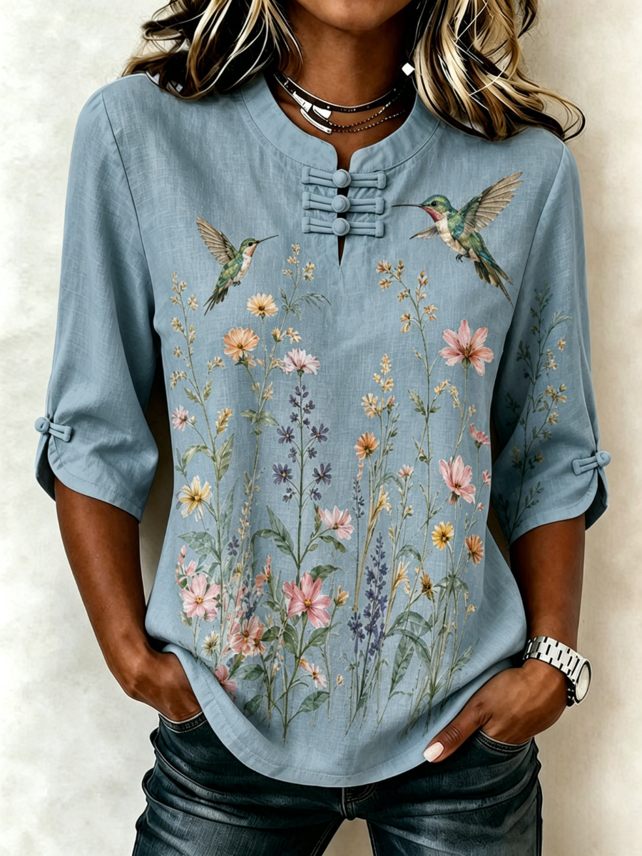 Women's Hummingbird Print Casual Cotton-Linen Shirt