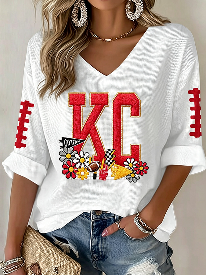 Women'S Football Print Waffle Top