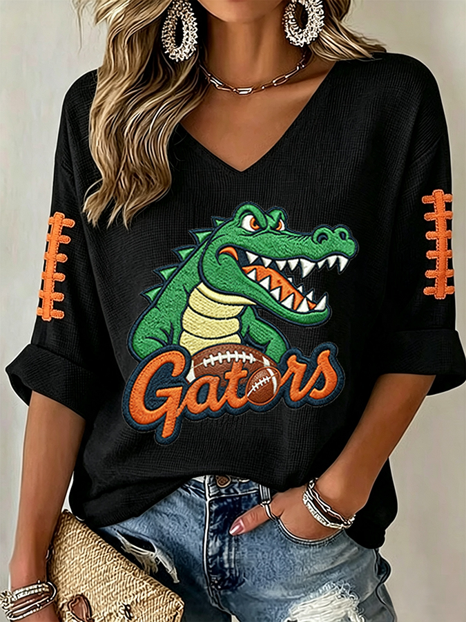 Women'S Rugby Patterned Waffle V-Neck Top