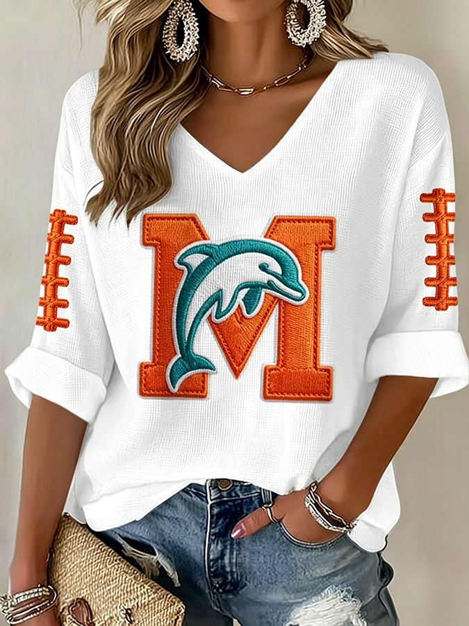 Women'S Rugby Patterned Waffle V-Neck Top